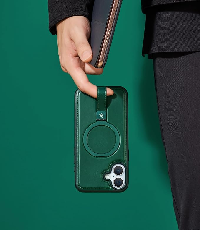 Butaiga for iPhone 17 Leather Case with Stand, Anti-Slip Grip Ring, Fits for MagSafe (Green, iPhone 17)
