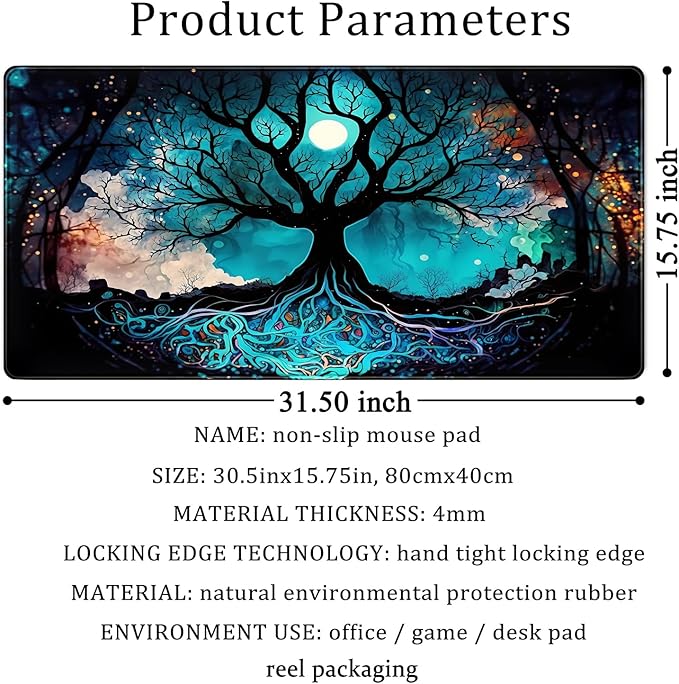 Vintage Blue AI Original Desk Mat Life Tree Aesthetics Desk Pad Large Flower Mouse Pad XXL Plant Mousepad Extended Laptop Computer Keyboard Mat Office Desk Decor 31.5x15.8 in-with Stitched Eges