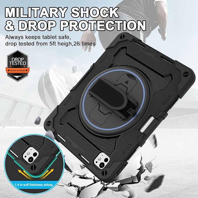 iPad Pro 11 Inch Case M5 2025/M4 2024, Heavy Duty Shockproof Protective Case with Screen Protector, 360° Rotating Stand Hand Strap Shoulder Strap Kids Cover Apple Pencil Holder