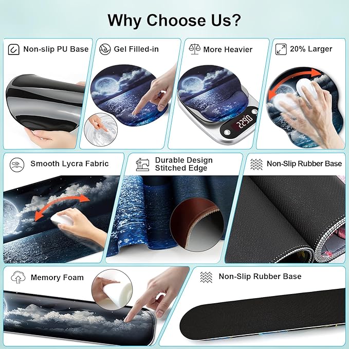 Mouse Pad + Desk Mat + Keyboard Wrist Rest + Coaster 4 in 1 Set, Cute Ergonomic Large Gaming Mousepad with Wrist Rest Support Desk Pad for Computer Laptop Office Home Decor-Moon Ocean