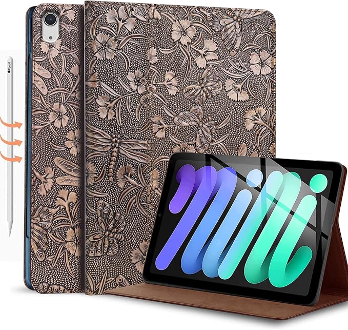 Gexmil Genuine Leather Case for iPad mini 7 (A17 Pro) 2024,iPad mini 6 Generation 8.3 Inch Case 2021, Anti Fingerprint/Slip,Cowhide Folio Cover Auto Sleep/Wake with Adjustable Stand,Butterfly Pattern