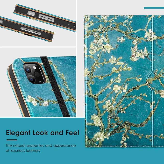 VIKESI Case for iPad Air 13 inch (M4) 2026 / (M3) 2025 / (M2) 2024,Premium Leather Folio,Apple Pencil Holder,Auto Sleep/Wake,Stand Cover - Almond Blossoms