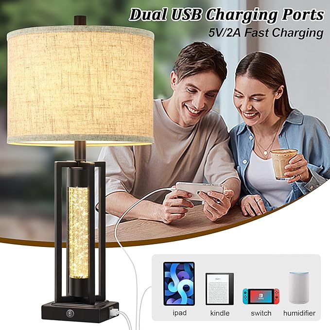 TOBUSA 26’’ Farmhouse Table Lamps for Living Room with Crystal Night Light Set of 2, Modern Nightstand Lamps with 2 USB Ports, Vintage Home Decor Black Bedside Lamps with Linen Shade for Bedroom