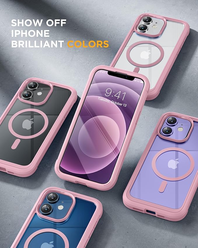 Miracase Glass Series Designed for iPhone 12/12 Pro 6.1 Inch, Upgrade Full-Body Magnetic Case with Built-in 9H Tempered Glass Screen Protector, with Camera Lens Protector, Magnetic Pink