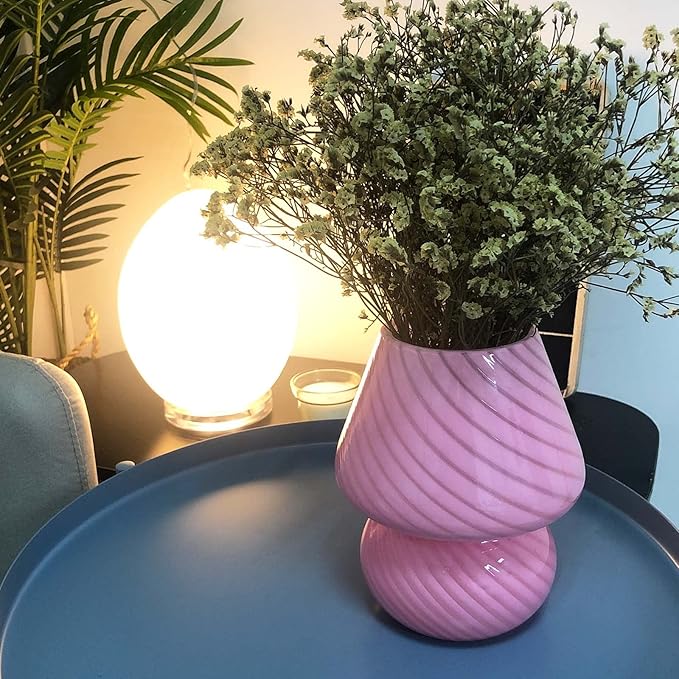 BSOD Pink Mushroom Lamp,Glass Mushroom Bedside Table Lamps Translucent Murano Vintage Style Striped Small Nightstand Desklamp Swirl Light for Home Decor, Dining, Living, Bedroom, Gift (Stripe Pink)