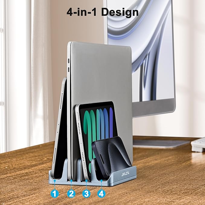 JARLINK 4-in-1 Adjustable Vertical Laptop Stand Holder, Aluminum Dual Slots Laptop Rack for Desk, Space-Saving Organizer Compatible with All MacBook, Surface, Chromebook, and Gaming Laptops (Grey)