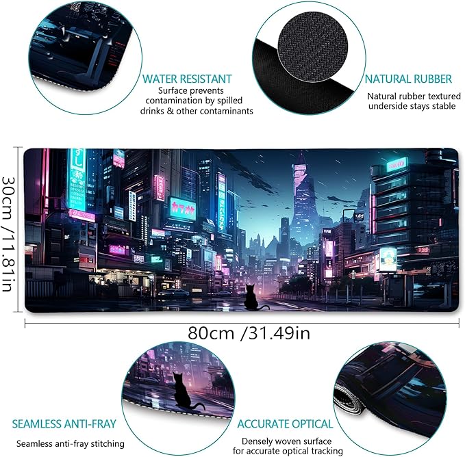 LIMKRIAN Cyberpunk Mouse Pad, Japanese Anime Cat Desk Mat, Neon Tokyo Extended Gaming Mouse Pads for Desktop Computer Laptop Office Work Game Home, 31.5x11.8 in