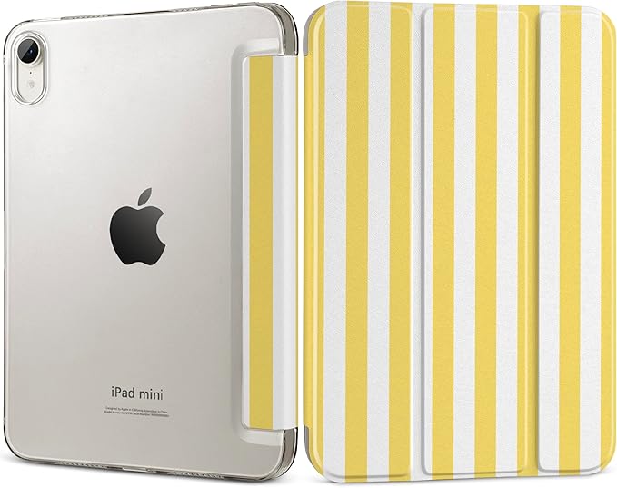 DONGKE for iPad mini 7 (A17 Pro) 2024 & iPad mini 6 2021 8.3 Inch, Slim Foldable Stand Hard PC Translucent Back Shell Smart Cover for iPad mini 7th/6th Generation [Auto Wake/Sleep] - Yellow Stripes