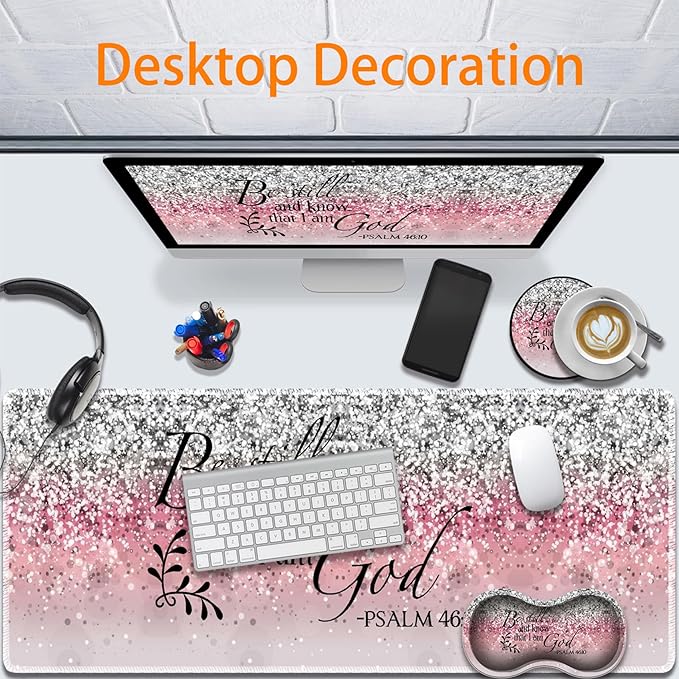 Durable Desk Mat + Wrist Rest Pad + Coasters Set, Large Gaming Office Mouse Pad 31.5 "x 11.8", Extended Non-Slip Rubber Keyboard Pad, Laptop & Home, Pink Flash Bible Pattern