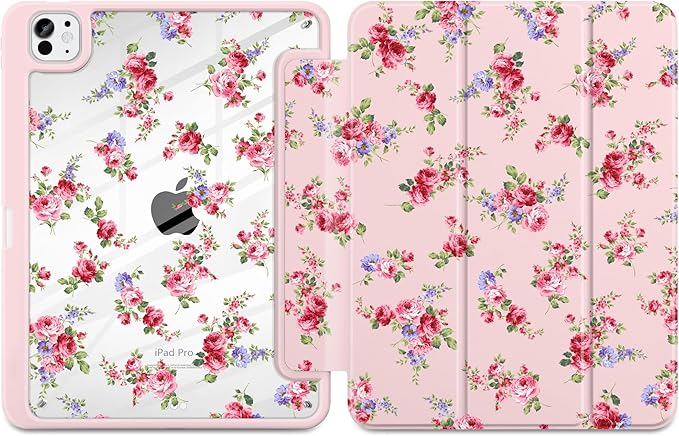 Case for iPad Pro 13 inch (M5) 2025 (M4) 2024 Release Slim Lightweight Cute Light Pink Cover with Clear Back TPU Edge Pencil Holder Trifold Stand, Elegant Rose