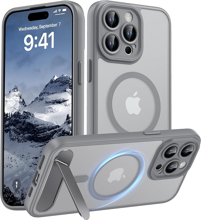 Magnetic Compatible with iPhone 15 Pro Max Case, [Built-in Kickstand][Full Camera Protection][Compatible with MagSafe][Anti-Fingerprint] Shockproof Phone Case for iPhone 15 Pro Max 6.7",Grey