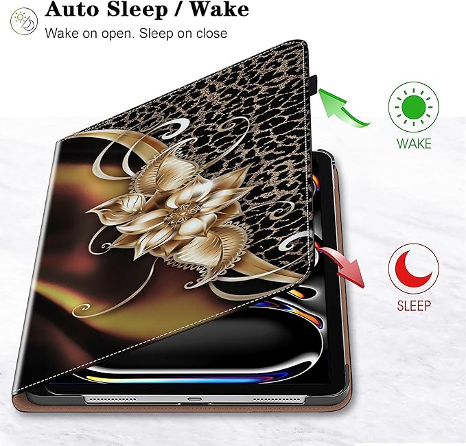 Case for iPad Pro 11 inch Case (M5/M4) 2025/2024, Premium Leather Folio Stand Cover with Auto Wake/Sleep, Pencil Holder and Card Slots - Metallic Flower