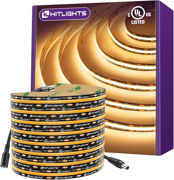 HitLights COB LED Strip Lights Warm White 2700K, 16.4ft Premium 12V Tape Light High Density, 2400 LEDs, 305+ LM/FT, CRI 90+, IP30, Lighting for Kitchen, Cabinets, UL Listed (Power Source Not Included)