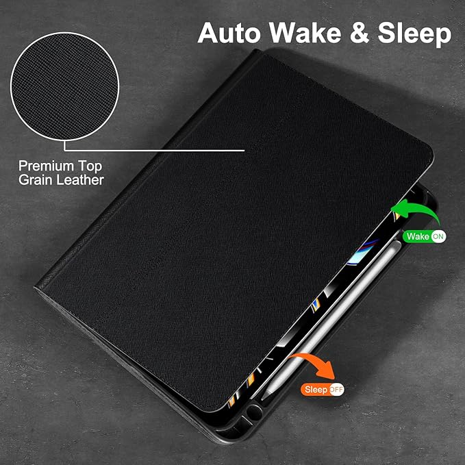 Gexmil Genuine Leather Case for iPad Pro 11 Inch (M5/M4) 2025/2024 with Pencil Holder,Protective Shockproof Leather Smart Folio Cover Adjustable Stand Auto Sleep/Wake Anti-Slip,Cross-Hatched Black