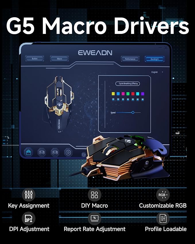 SEUNKWANG EWEADN G5 Wired Gaming Mouse, Ergonomic RGB Computer Mouse, 12800 Adjustable DPI, 9 Programmable Macro Buttons with Rapid Fire Key Compatible for PC/Laptop/Windows- Black&Gold