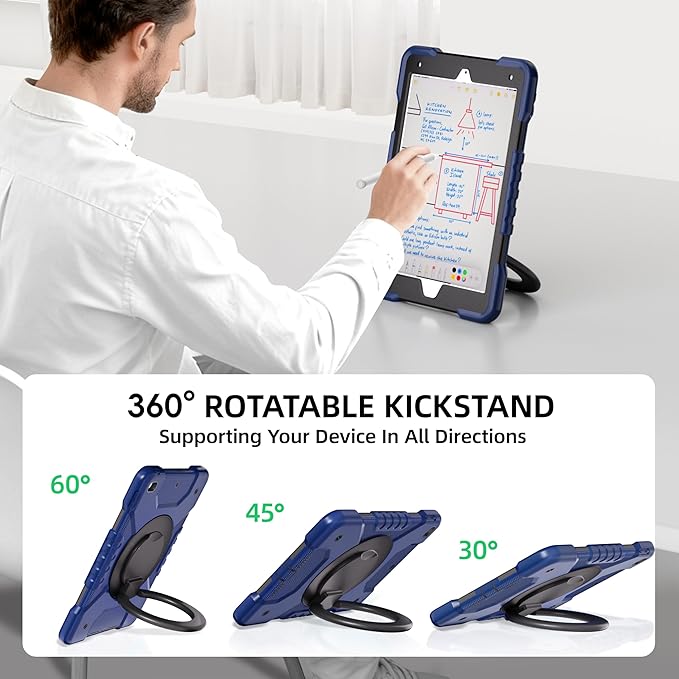 Andnary Case for iPad 9th/8th/7th Generation 10.2 inch, Shockproof Cover with Screen Protector/360° Rotating Handle/Bracket/Pen Holder/Shoulder Strap, Kids Case for iPad 2021/2020/2019 (Navy+Black)