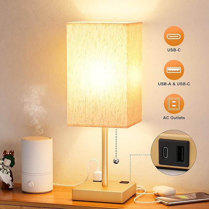 aooshine Medium Table Lamp with USB Ports - 3 Color Temperature Bedside Lamp for Bedroom, Pull Chain Control, USB A and C Ports, 2 AC Outlets, Bulb Included