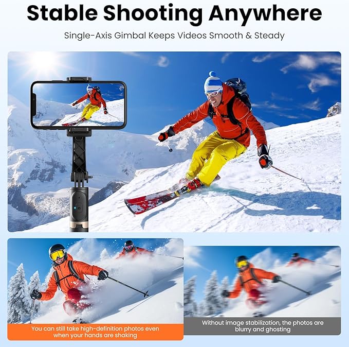 Smartphone Gimbal Stabilizer, 1-Axis Auto Balance & 360° Rotation, Extendable Aluminum Selfie Stick Tripod with Remote Control for iPhone & Android,Travel, Vlogging, TikTok, YouTube