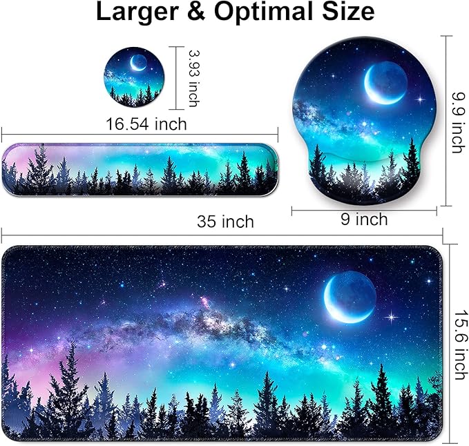 Mouse Pad + Desk Mat + Keyboard Wrist Rest + Coaster 4 in 1 Set, Cute Ergonomic Large Gaming Mousepad with Wrist Rest Support Desk Pad for Computer Laptop Office Home Decor-Forest Moon