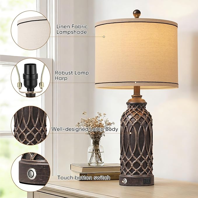 WIHTU Farmhouse Table Lamps Set of 2, Black-Gold Resin Table Lamps with USB Ports, Touch Button Switch, Woven Wicker Pattern, Linen Shade, Nightstand Lamp for Decor (2 Bulbs Included)