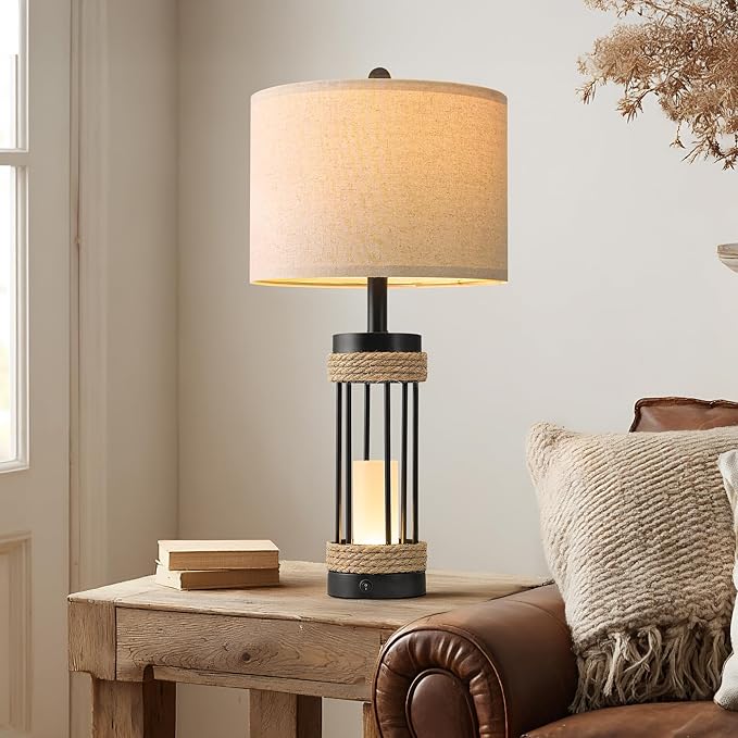 OYEARS 25" Table Lamps Set of 2 with Night Light, Rustic Bedside Lamps with USB C+A Charging Ports, Black Metal Lamp with Rope Accent and Frosted Glass, Farmhouse Lamps for Living Room Bedroom