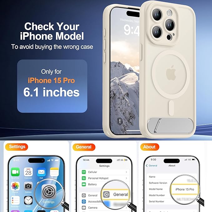 Magnetic Compatible with iPhone 15 Pro Case, [Built-in Kickstand][Full Camera Protection][Compatible with MagSafe][Anti-Fingerprint] Shockproof Phone Case for iPhone 15 Pro 6.1",Beige