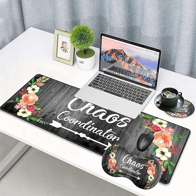 3 Piece Mouse Pad Set with Stitched Edge Large Anti-Slip Mouse Pad Desk Pad Keyboard Pad + Wrist Rest Pad + Coaster, Memory Foam Wrist Rest for Office/Home - Chaos Coordinator