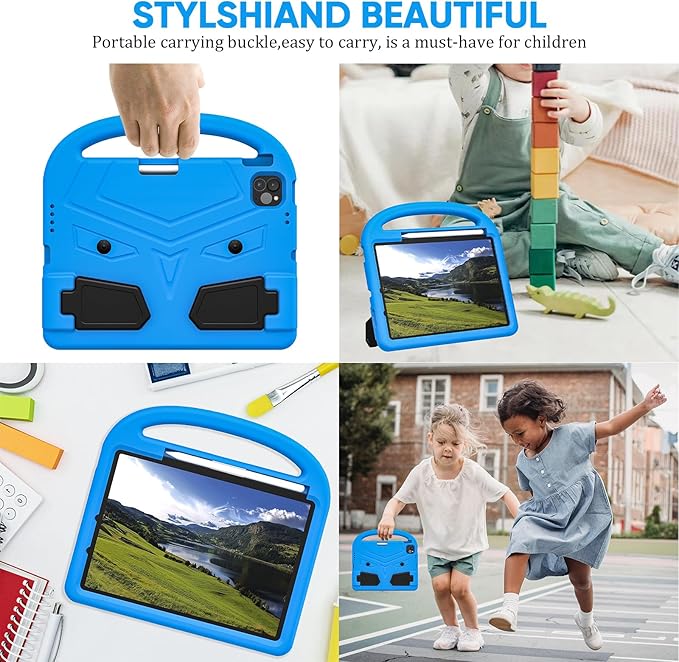 Kids Case for Apple iPad Pro 11 inch M5/M4 Tablet (2025/2024) with Pencil Holder/Handle/Kickstand Slim Lightweight Cute Soft EVA Foam Shockproof Stand Cover for Boys Girls Teens, Blue Bird