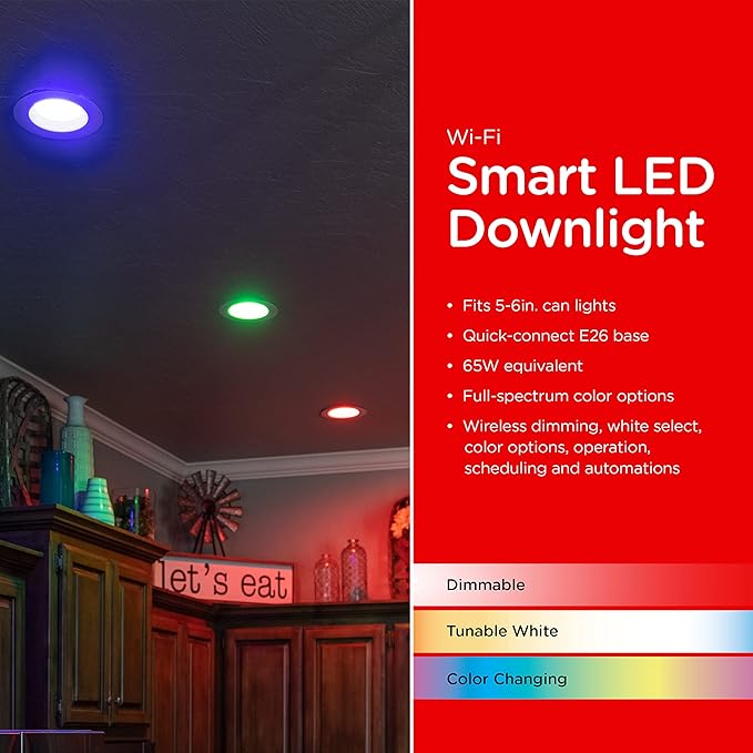 UltraPro Wi-Fi LED Smart Light Bulb, Downlight, 65W Equivalent, RGB, Color Changing, White Tunable 2700K - 6500K, Dimmable, 2.4GHz Router Required, Circadian Rhythm, Easy-to-Use App, 2 Pack, 51463