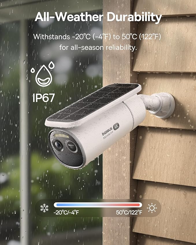 Baseus S2 4K Solar Security Cameras Wireless Outdoor - Radar+PIR Detection, AI Face Recognition, Auto Sunlight-Tracking, Color Night Vision, IP67, No Monthly Fee, Local Storage, Featured at CES 2025