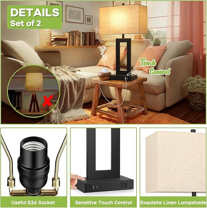 TOBUSA 28’’ Tall Lamps for Living Rooms Set of 2, Modern Black Touch Control Table Lamps for Bedroom, 3 Way Dimmable Bedside Lamps with 2 USB Ports&AC Outlet, High-end Decor Lamp for Home Office