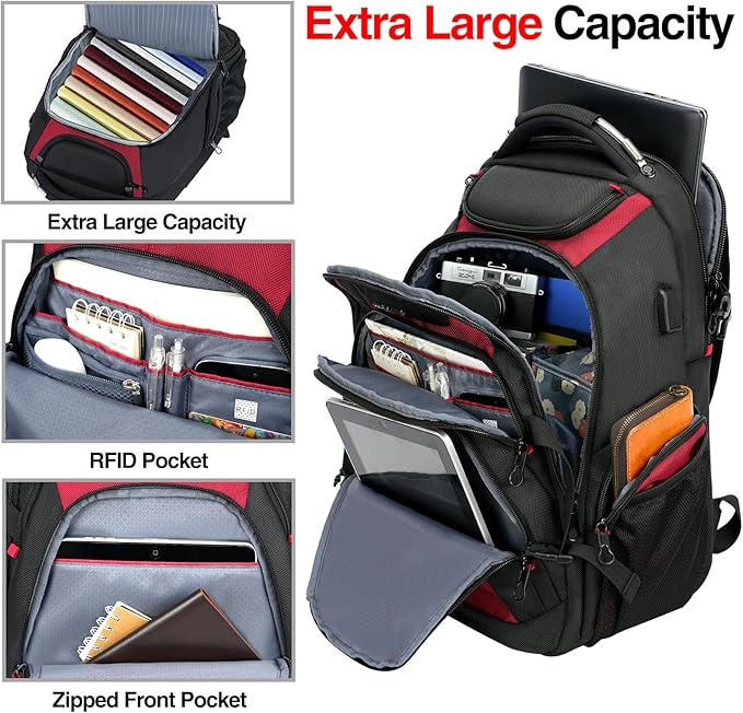 KROSER Travel Laptop Backpack 17.3 Inch XL Computer Backpack with Hard Shell Saferoom RFID Pockets Water-Repellent Business College Daypack Stylish Bag for Men/Women-Black Red