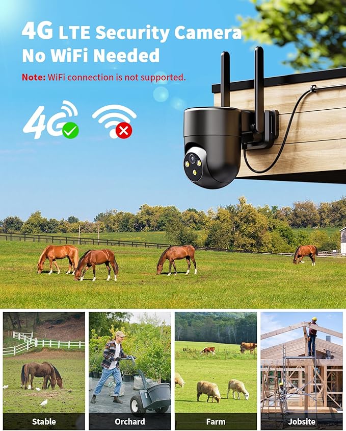 LIWAN 4G LTE Cellular Security Camera Wired, No WiFi Security Camera Outdoor, Plug-in for 24/7 Recording, 360° View, 2K Color Night Vision, 2-Way Talk, Built-in SIM Card, Black, 1 Pack