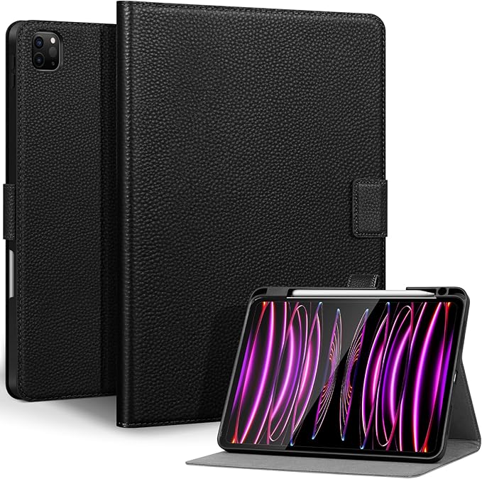 Genuine Leather Case for iPad Pro 11 Inch 4th/3rd/2nd/1st Generation 2022/2021/2020/2018 | with Pencil Holder and Adjustable Stand, Magnetic Closure, Auto Wake/Sleep Cover | Black