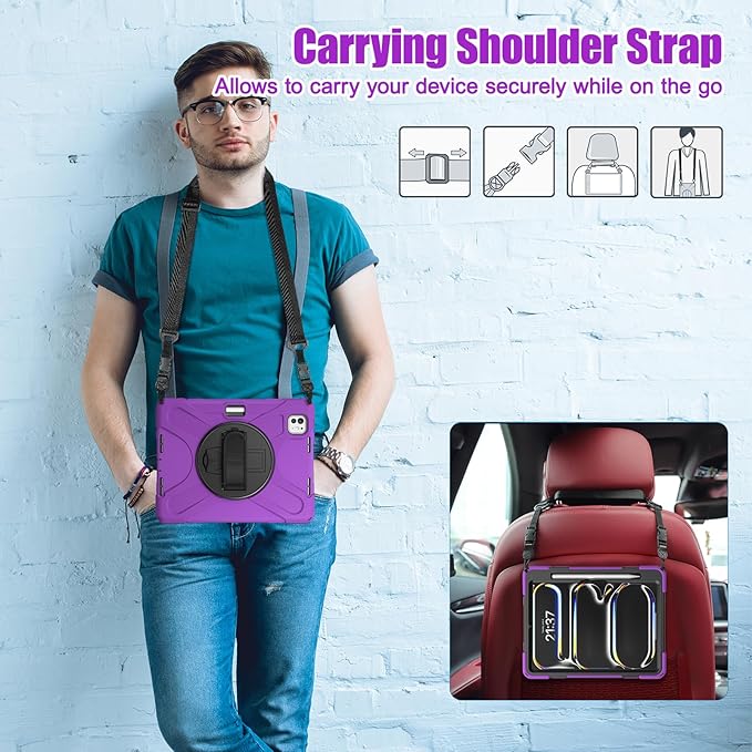 Batianda Case for New iPad Pro 11-inch 2025 M5 2024 M4 Chip Heavy Duty Rugged Durability Silicone Tablet Cover with 360° Rotating Hand Strap Foldable Hidden Stand & Shoulder Strap, Purple