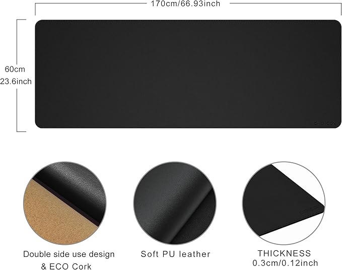 Chihein 67” x 24” Cork & PU Leather Desk Mat (Black) - Huge Mouse Pad, Double Sided Waterproof Desk Pad Protector for Gaming, Office, Home