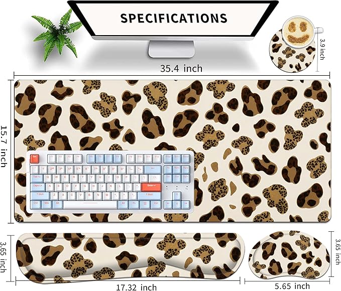 Leopard Large Gaming Mouse Pad Set of 4 for Women 35.4 x 15.7 with Keyboard Wrist Rest, Wrist Support, Coaster, Memory Foam Smooth Desk Mat Mousepad for Home Office School