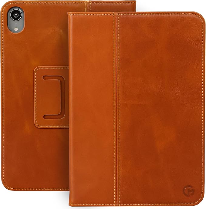 Casemade Real Leather Case Compatible with iPad mini 7 (A17 Pro) / 6th Gen (2021) - Full-Grain Leather Cover, Auto Sleep/Wake, Dual Stand Position (Tan)
