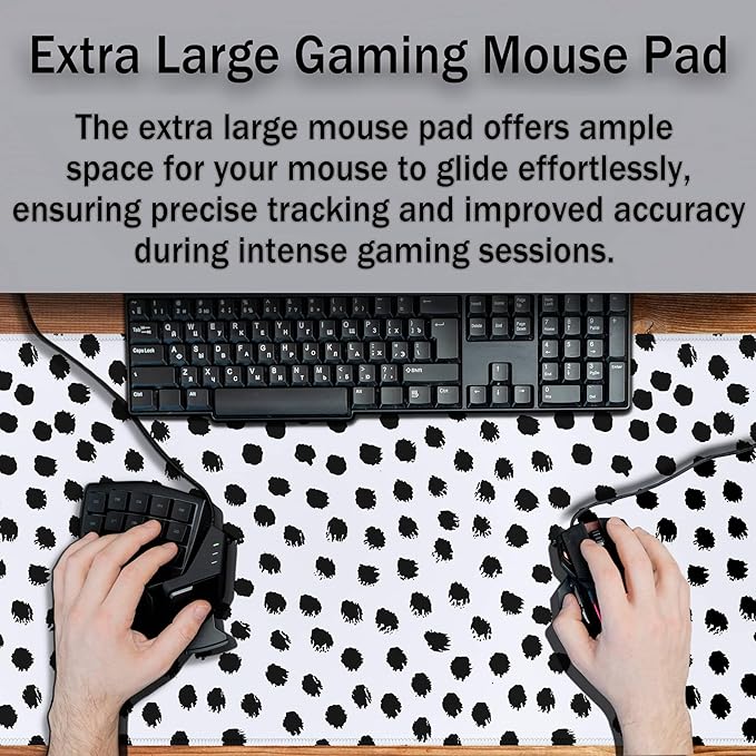Big Gaming Mouse Pad - Black/White Desk Pad, Large Non-Slip Rubber Base Waterproof with Stitched Edges, 35.4 X 15.7 inch for Work/Game/Home