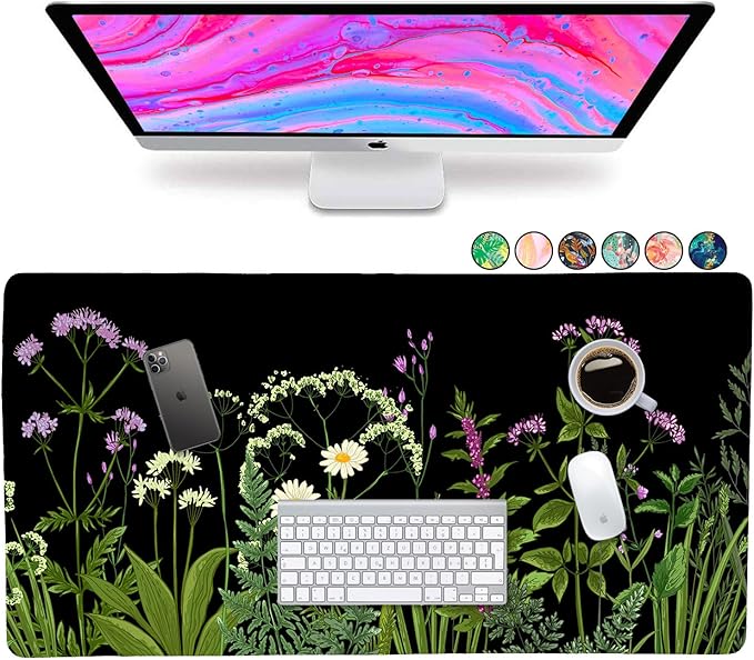 French KOKO Desk Mat, Large Desk Pad Large Mouse Pad Cute Desk Accessories Home Office Essentials Floral Desk Mat Desk Pad Mat for Keyboard Mouse Desk Pads On Top of Desks Computer Women Girls