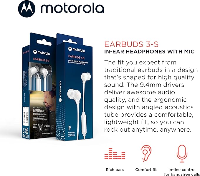 Motorola Earbuds 3-S Wired Earbuds with Microphone - Corded in-Ear Headphones, Comfortable Lightweight Silicone Ear Buds, Non-Tangle Flat Cable, 9.4mm Drivers Clear Bass Sound - White