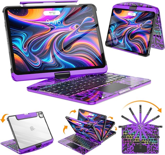 SIBEITU Keyboard Case for iPad Pro 13 Inch (M5 2025 / M4 2024), 360 Rotatable iPad Pro 13 Clear Cover with Multi-Touch Trackpad, 7-Color Backlight & 3 Brightness, High-Tech Visible PCB Design, Purple
