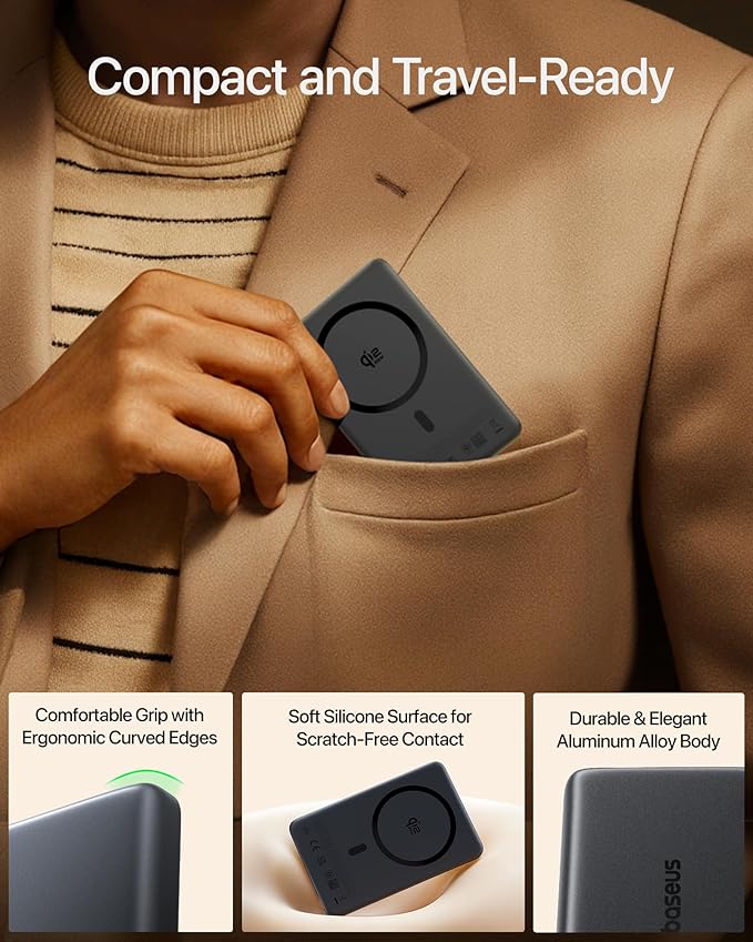 Baseus Picogo AM52 MagSafe Power Bank, Qi2.2 25W 10,000mAh Magnetic Portable Charger, 0.6" Slim 45W USB-C Fast Charging Alloy Wireless Battery Pack, Travel Essential for iPhone 17/16/15/14/13/12 Only