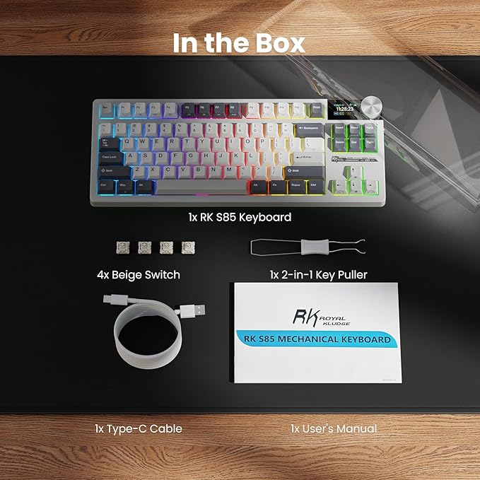 RK ROYAL KLUDGE S85 Wireless Mechanical Keyboard, TKL Keyboard with Display & Ratchet Knob, Triple-Mode Bluetooth/2.4GHz/USB-C, Custom Linear Silent Switches, 7200mAh Battery, Hot Swappable, 85 Keys