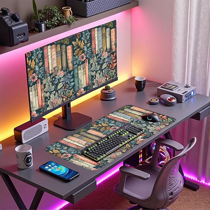 Floral Books Desk Mat Cute Desk Pad XXL Mouse Pad Colorful Mouse Keyboard Pad Flower Bookshelf Desktop Mat for Computer Laptop Aesthetic Reader's Home Decor 31.5x15.7 in