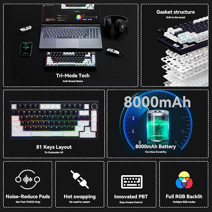 Gurjot Wireless Mechanical Keyboard with Knob,Tri-Mode BT5.0/2.4GHz/USB-C Hot Swappable Mechanical Keyboard,Pre-lubed Linear Switches,8000mAH Battery RGB Backlit Computer Gaming Keyboards