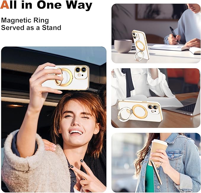 Compatible with iPhone 12 Case with Magnetic Ring Stand [Compatible with Mag-Safe] [Full Camera Lens Protector] Soft Plating Phone Case for iPhone 12 6.1", White