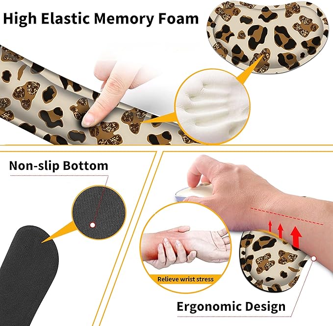 Leopard Large Gaming Mouse Pad Set of 4 for Women 35.4 x 15.7 with Keyboard Wrist Rest, Wrist Support, Coaster, Memory Foam Smooth Desk Mat Mousepad for Home Office School