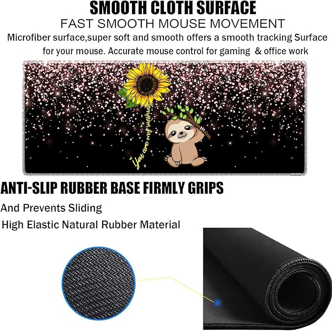 Large Gaming Mouse Pad Plus a Coasters + Cable Clips, Sunflower and Sloth Extended Mousepad (31.5 x 11.8) with Stitched Edge, Foldable Computer Keyboard Desktop Mouse Mat for Home Office