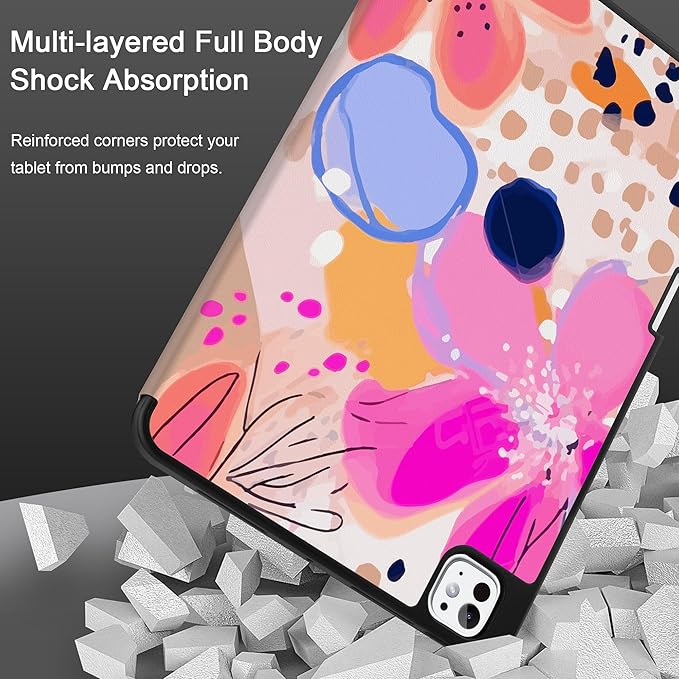 DONGKE Case for iPad Pro 11 inch (M5 2025 / M4 2024, 6th & 5th Generation) – [Built-in Pencil Holder] Ultra Slim PU Leather Trifold Stand Cover with Soft TPU Back, Auto Wake/Sleep, Floral Artistic